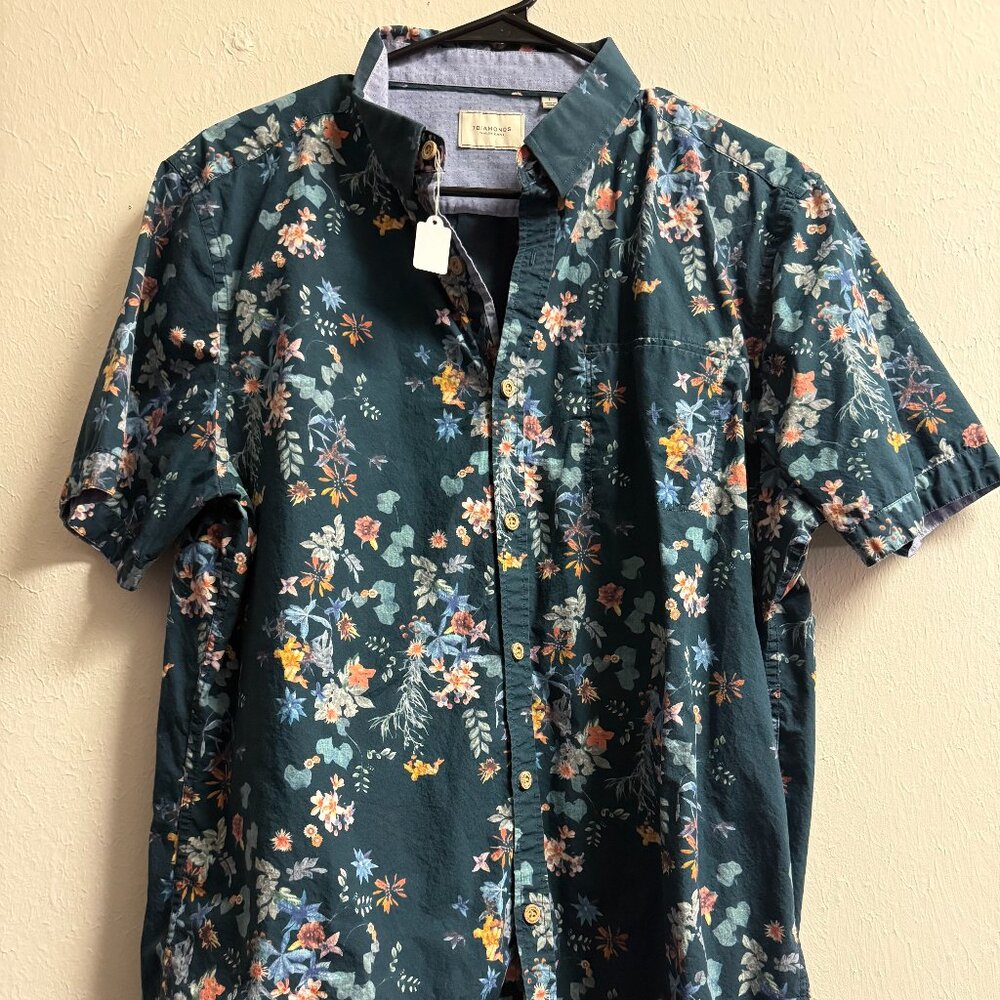 Men's 7 Diamonds Blue Floral button Down Short Sleeve Shirt, Size: Lg, EUC